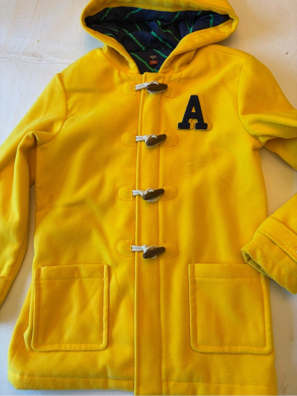 Bright Yellow Hooded Toggle pea Coat with 'A' monogram Patch